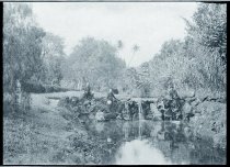 Three priests near stream, Moanalua Gardens, Oahu.